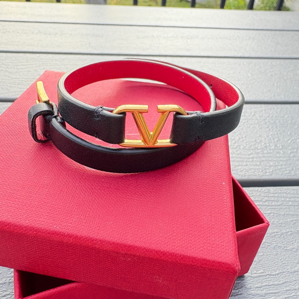 Black and Red Leather VALENTINO Bracelet with Gold Buckle